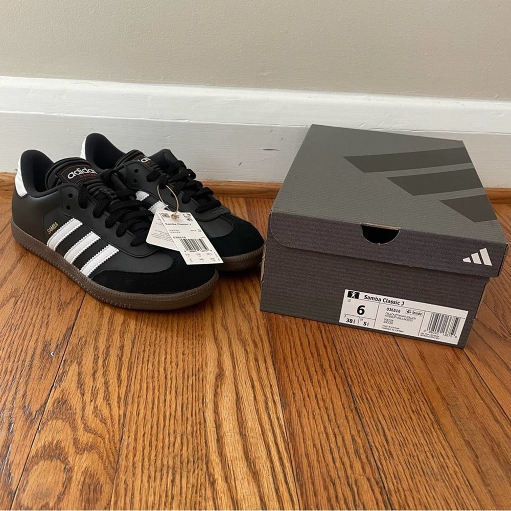 Adidas Samba Classic Leather Sneakers Black Light Brown Soles Women's 7 - Picture 2 of 5